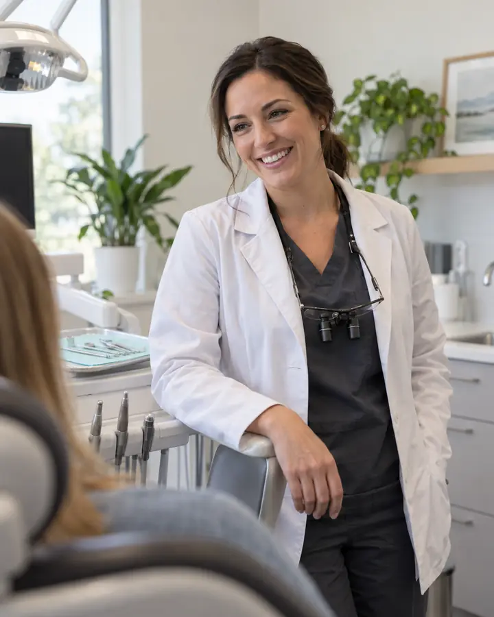 A dentist smiling in her practice