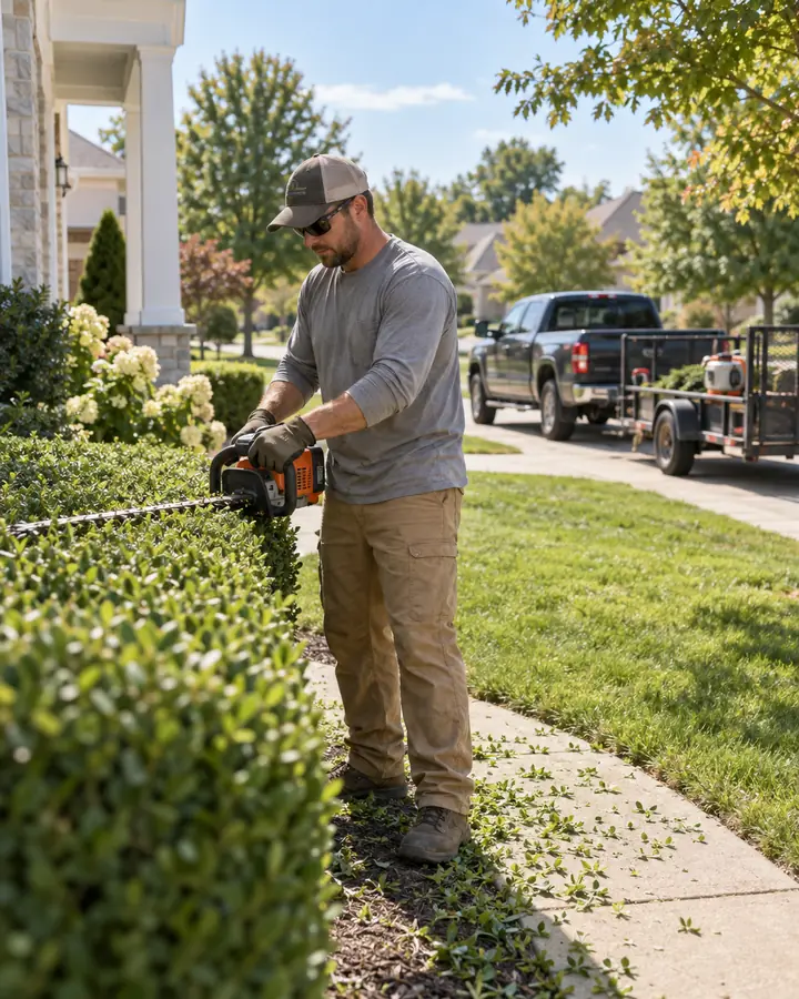 A landscaper trimming a hedge outside a home