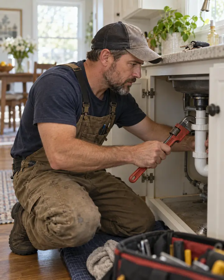 A plumber fixing pipes under a kitchen sink
