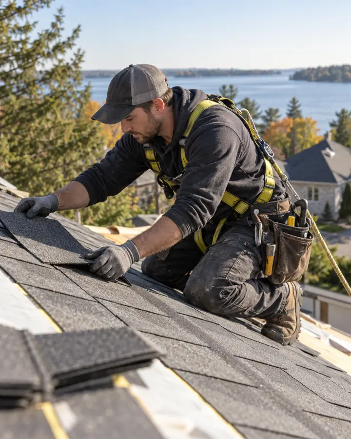 A roofer laying shingles on a house