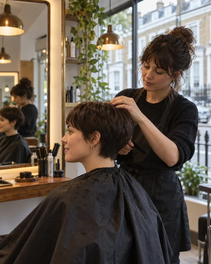 A stylist cutting a client's hair in a salon